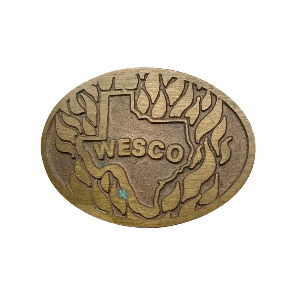 Vintage Wesco Texas State Embossed Solid Brass Oval Belt Buckle Western Patina
